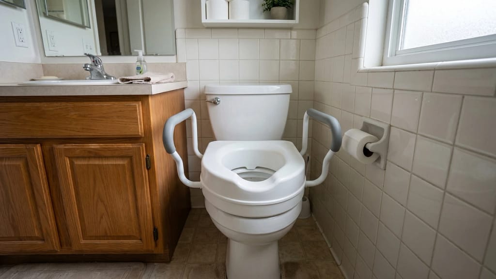Raised toilet seat with handles in a tight bathroom space near a vanity and wall
