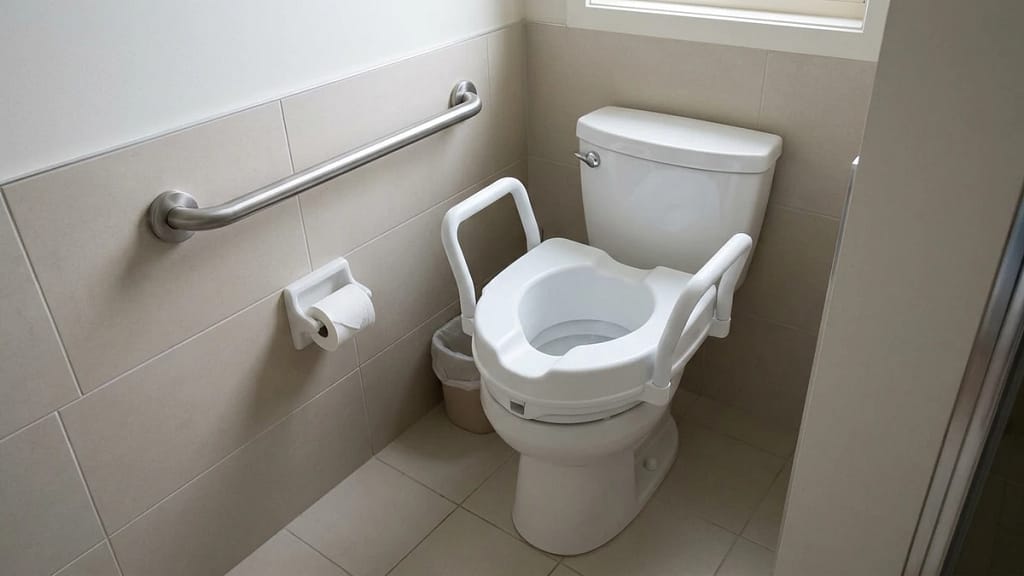 raised toilet seat with handles and horizontal wall grab bar showing wall support for disabled adults