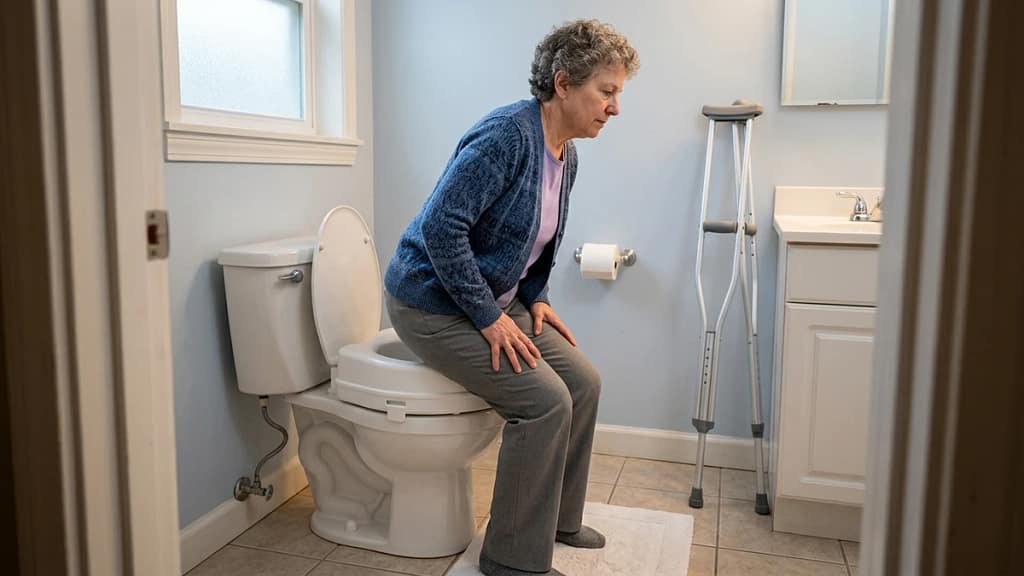 disabled adult using a raised toilet seat with crutches nearby during a bathroom transfer