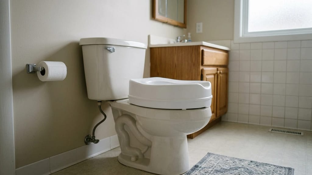 raised toilet seat installed on an existing toilet showing a flexible alternative to replacing the toilet