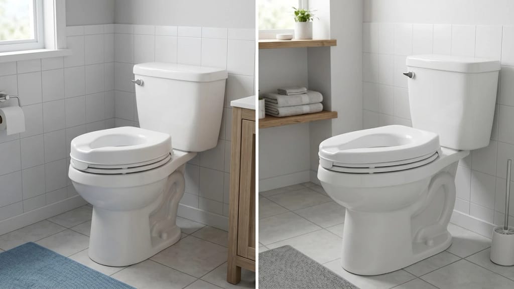 Raised toilet seat round vs elongated comparison showing two fitted toilet seats