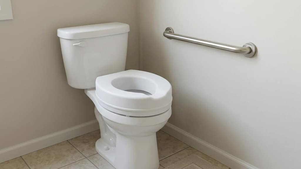 raised toilet seat beside a horizontal grab bar showing when support around the toilet matters