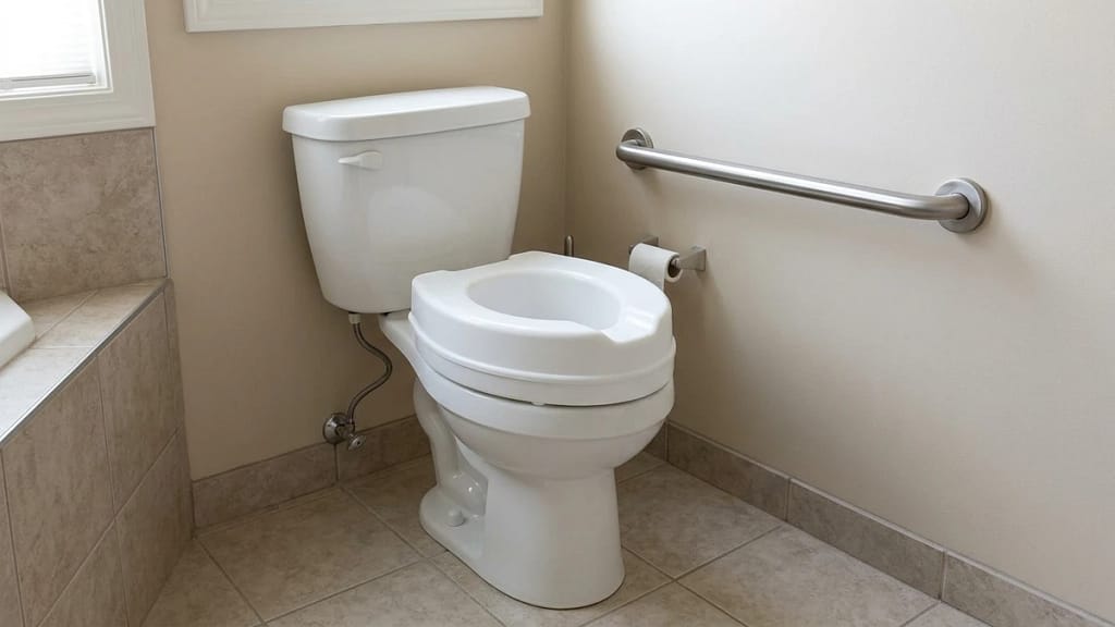 raised toilet seat with horizontal grab bar showing when added height may need support