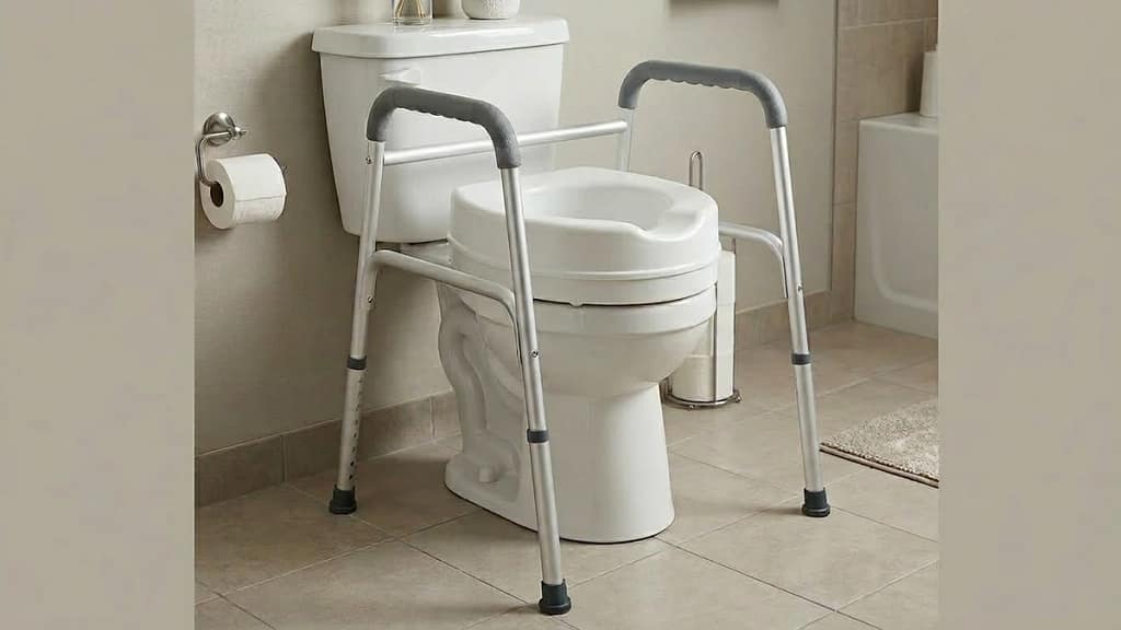 Can you use a raised toilet seat with a toilet safety frame shown in a home bathroom setup