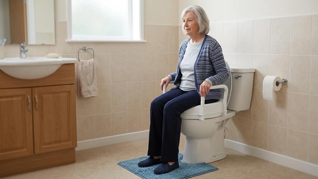 raised toilet seats after hip surgery showing a senior seated on a raised toilet seat with support handles in a home bathroom