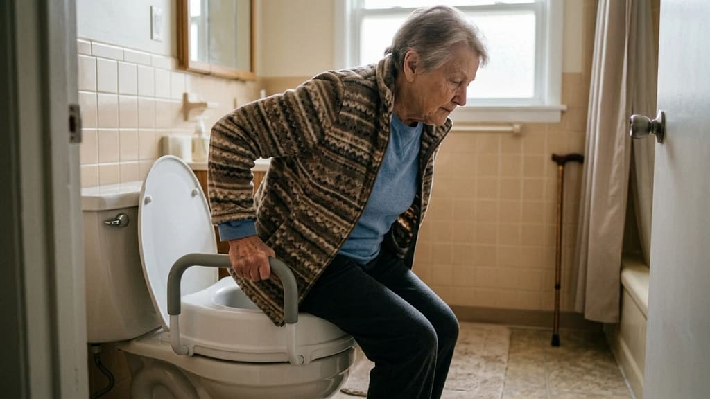Raised toilet seats for seniors with arthritis with side handles helping an older adult stand in a home bathroom