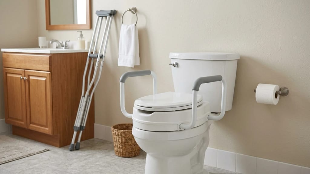 raised toilet seats for disabled adults shown with support handles and crutches in a home bathroom