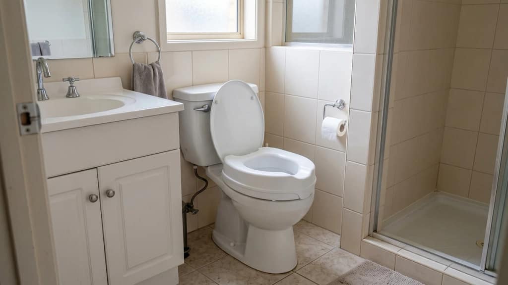 Raised toilet seats for small bathrooms shown as a compact raised seat in a small bathroom