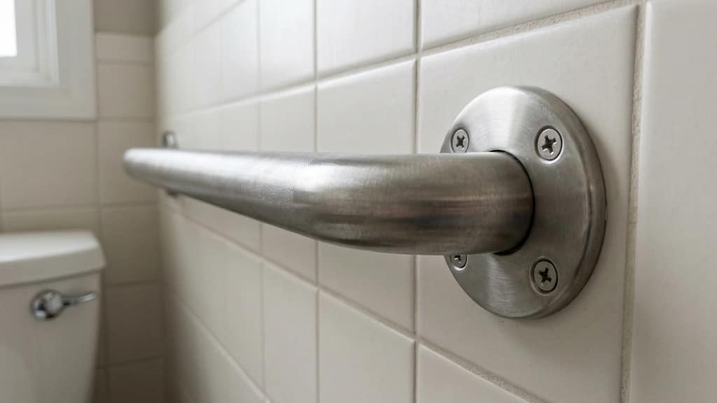 Securely installed toilet grab bar with visible mounting screws and wall flanges