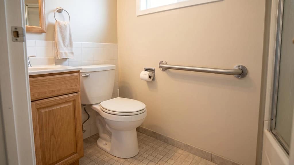 Wall-mounted grab bar beside a toilet in a small bathroom without a toilet safety frame