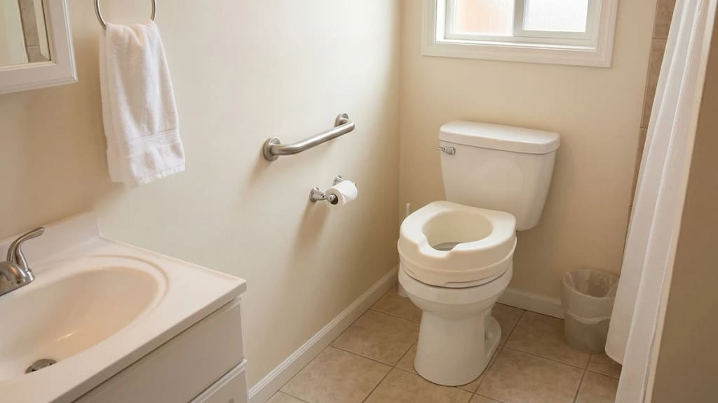 Compact raised toilet seat with a nearby grab bar in a small bathroom