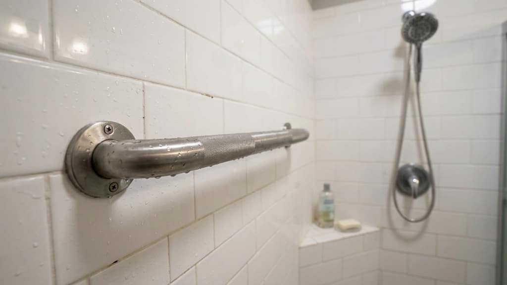 Stainless steel grab bar mounted on a shower wall with water droplets in a wet bathroom