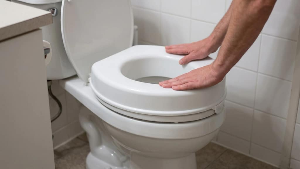 Hands pressing on a temporary raised toilet seat to check fit and stability on an existing toilet