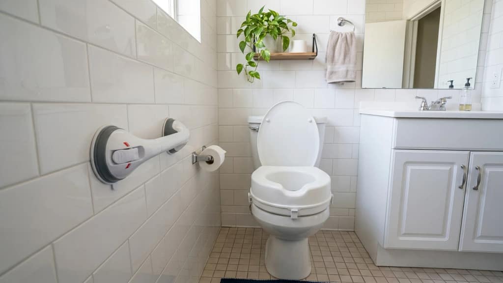 Temporary raised toilet seat with a suction grab bar for removable bathroom support