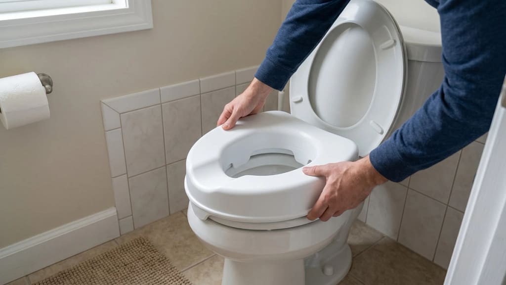 Hands placing a temporary raised toilet seat on a standard toilet in a rental bathroom