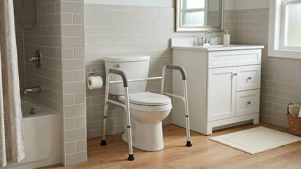 Toilet safety frame fitted around a toilet with comfortable clearance in a home bathroom