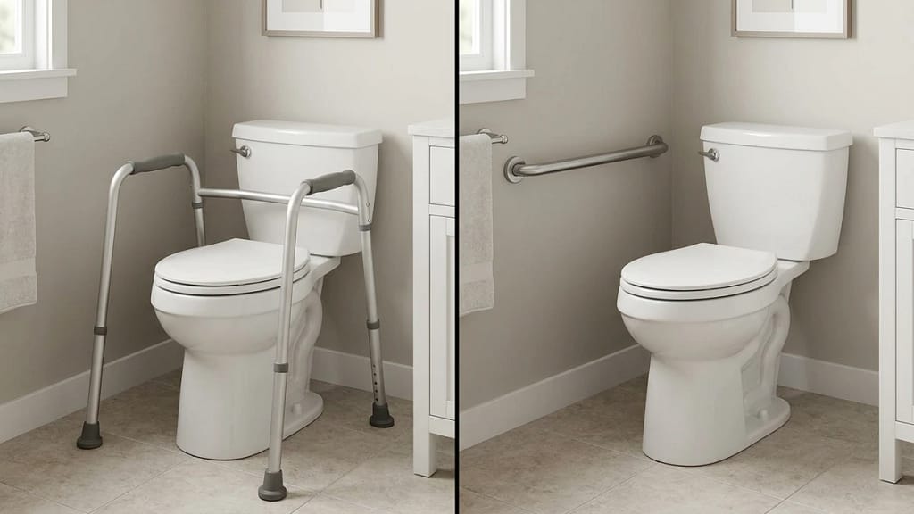 toilet safety frame and wall grab bar compared for weight support beside a toilet