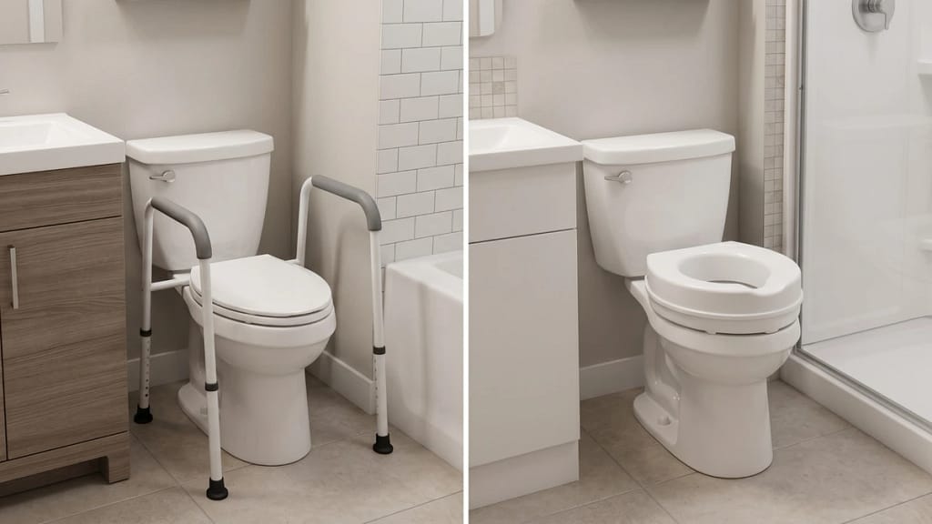 Toilet safety frame and raised toilet seat compared in small bathroom layouts