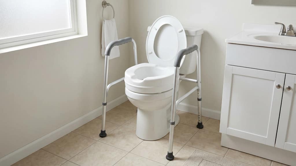 Toilet safety frame used with a raised toilet seat in a home bathroom
