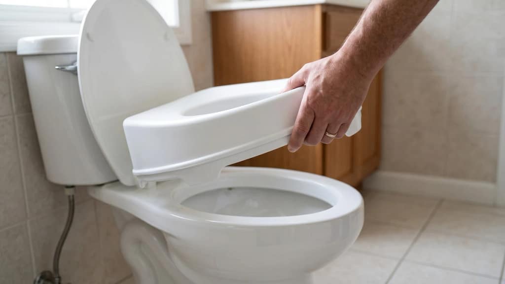 Hands removing a tool-free raised toilet seat from a standard toilet