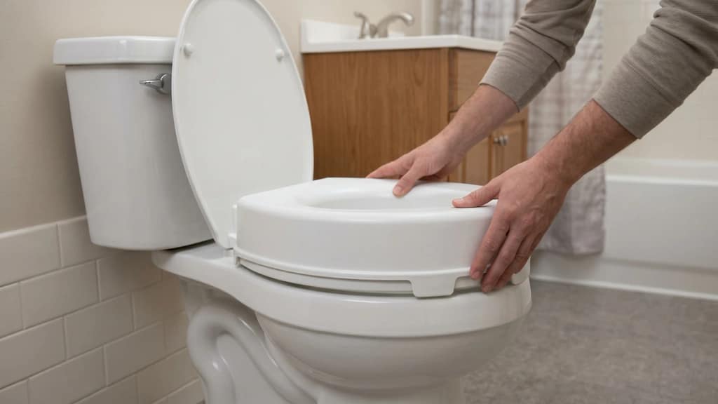 Hands checking a tool-free raised toilet seat for fit and stability