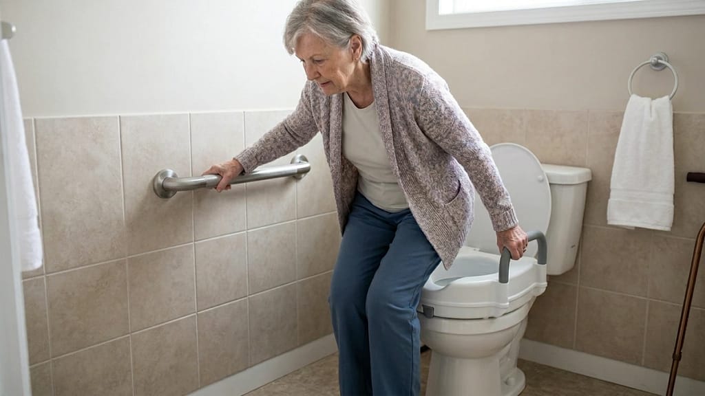 Senior using a horizontal wall grab bar beside a raised toilet seat with handles