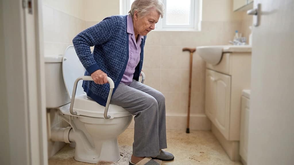 Senior using a raised toilet seat with handles during a careful toilet transfer