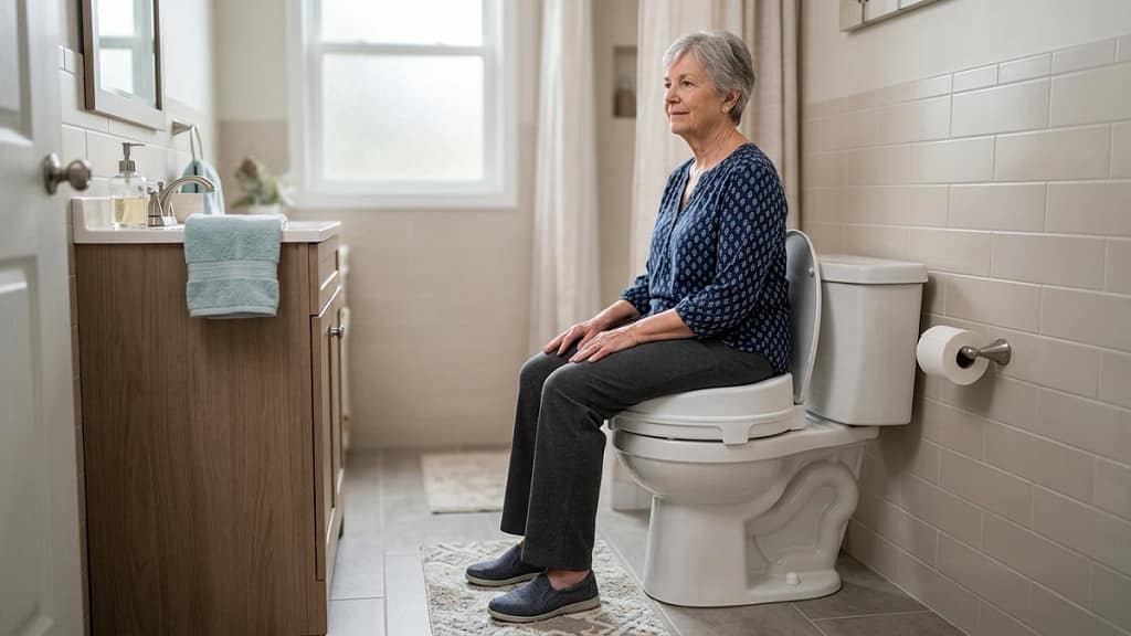 when should seniors use a raised toilet seat showing a senior using a raised toilet seat in a home bathroom