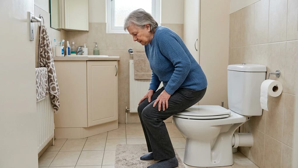 senior carefully standing from a low toilet showing why toilet height matters after hip surgery