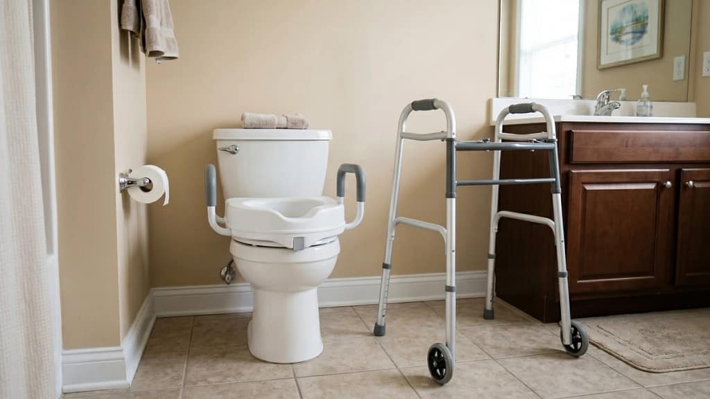 Best raised toilet seats after surgery shown with handles and a nearby walker