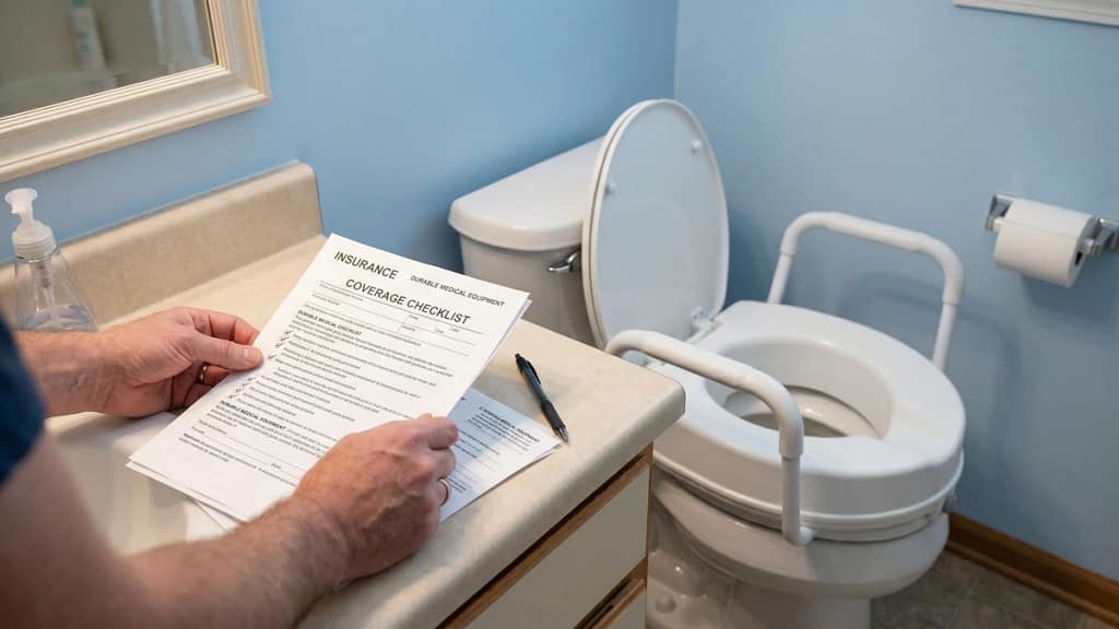 Does Medicare cover raised toilet seats shown with coverage paperwork and a raised toilet seat