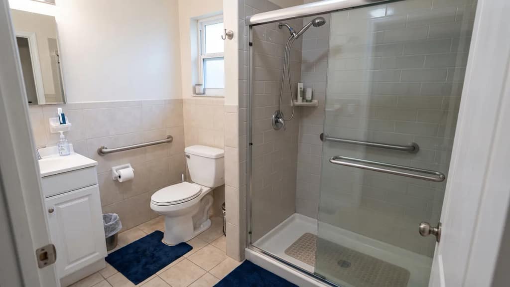 residential bathroom showing grab bars correctly installed beside the toilet and inside the shower as a placement reference for safe bathroom setup