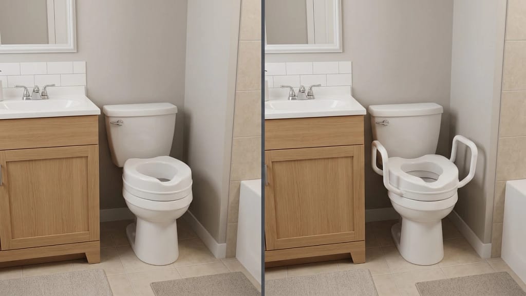 No-handle and handled raised toilet seats compared in small bathrooms