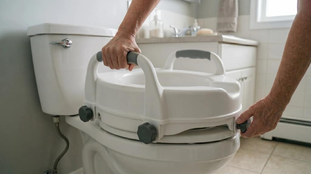 Checking the fit and locking attachments of a heavy-duty raised toilet seat