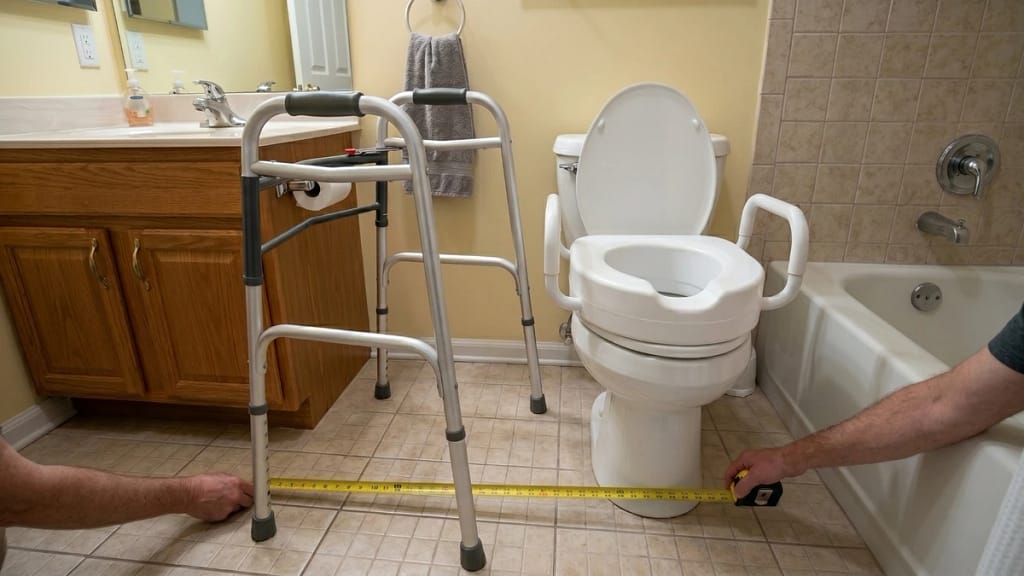 Measuring bathroom clearance for walker access around a raised toilet seat after surgery