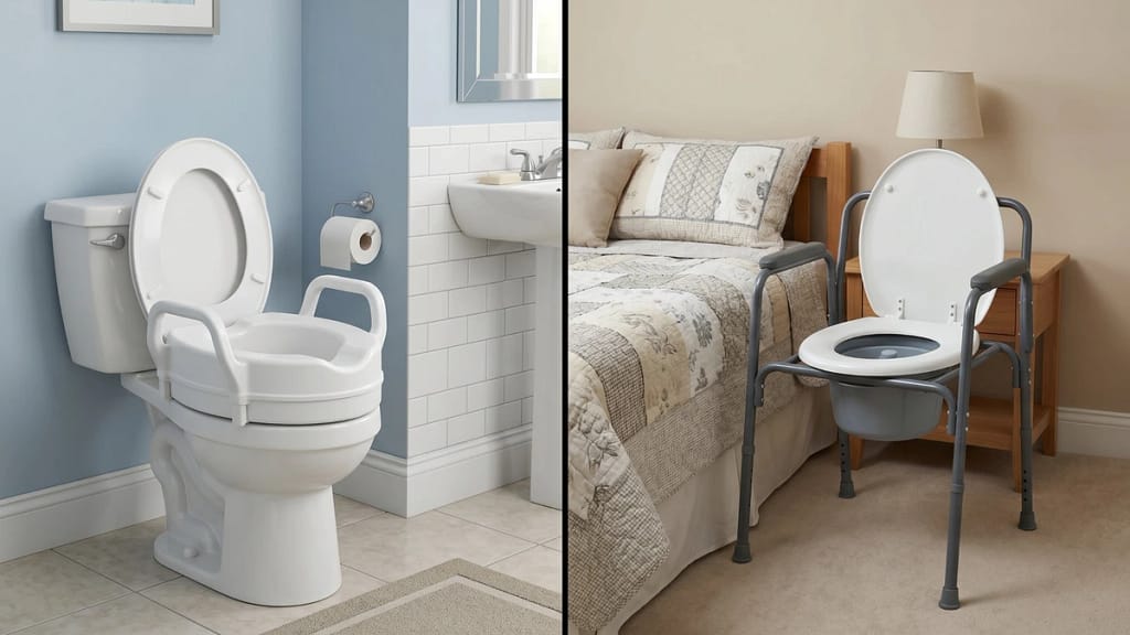 Raised toilet seat in a bathroom compared with a bedside commode in a bedroom