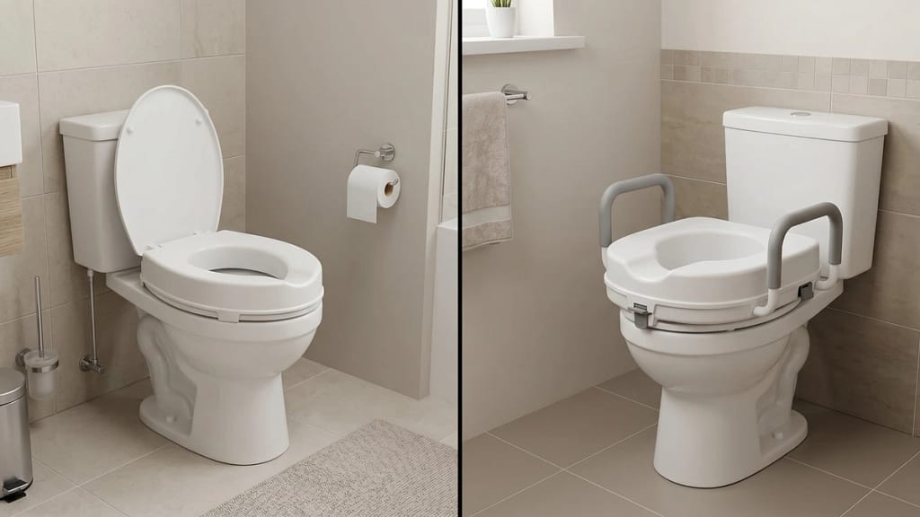 Standard raised toilet seat compared with a wider heavy-duty model with handles