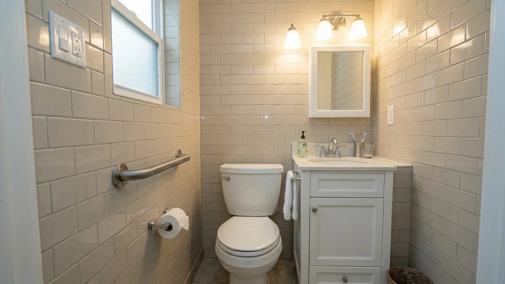 Wall grab bar beside a toilet in a small bathroom without a raised toilet seat