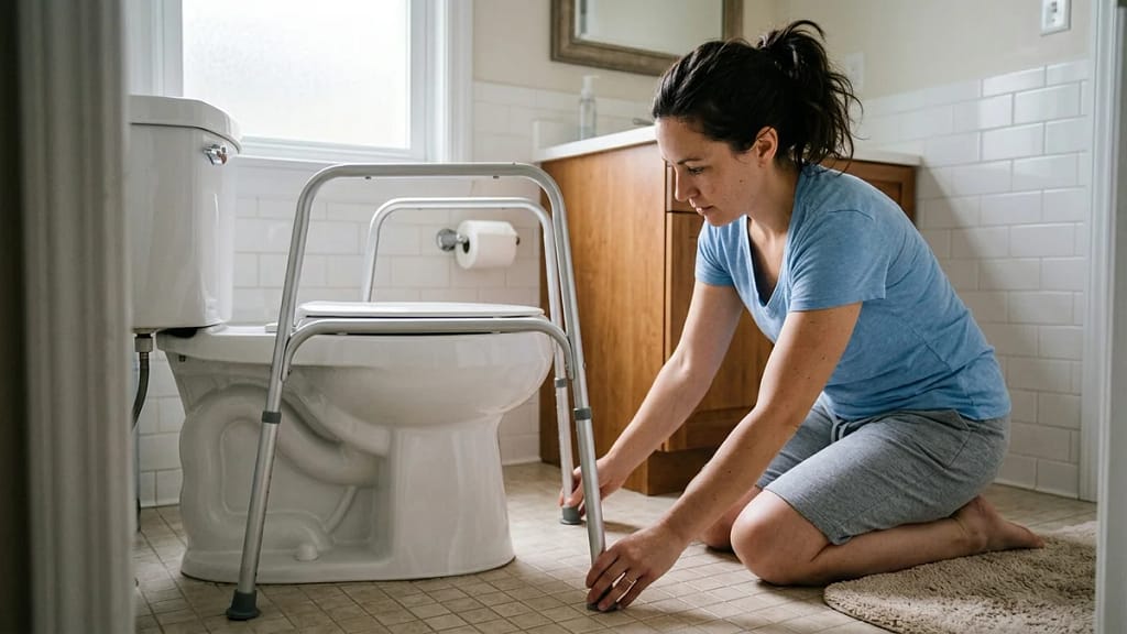 Hands adjusting the leg height of a freestanding toilet safety frame on a bathroom floor