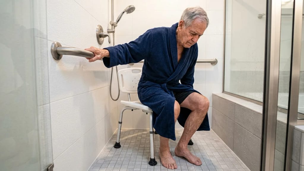 Senior man safely using one of the best shower chairs for seniors while gripping a wall-mounted grab bar for support
