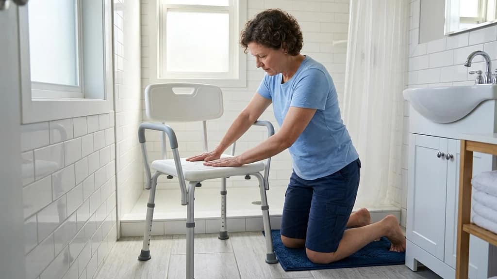 A woman pressing down on a shower chair seat to test its stability before use.