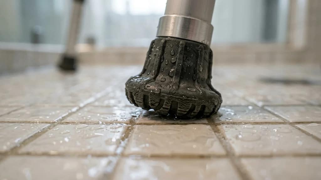 Close-up of a shower chair's non-slip rubber foot gripping a wet tiled shower floor