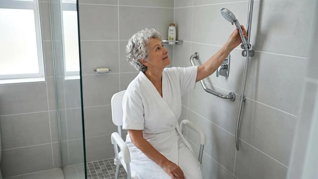 A seated older woman reaching for a handheld shower head from its wall holder.