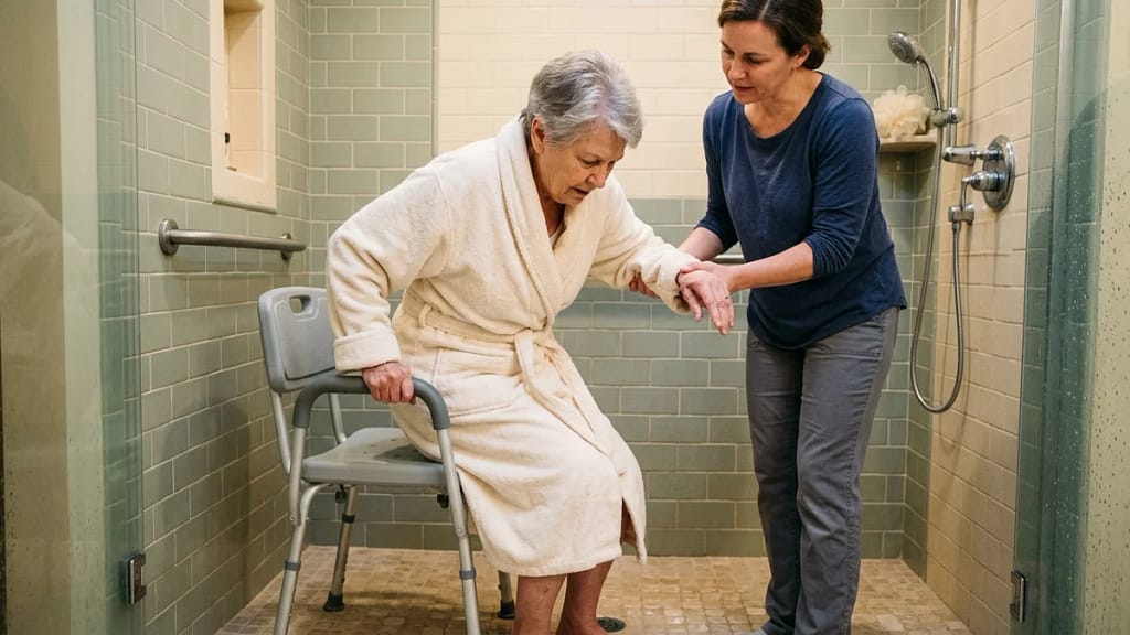 A caregiver supporting an older woman's arm as she stands up from a shower chair in a home shower