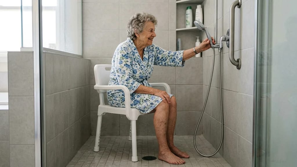 Older woman in a robe seated on a shower chair adjusting the handheld shower head during a normal shower routine