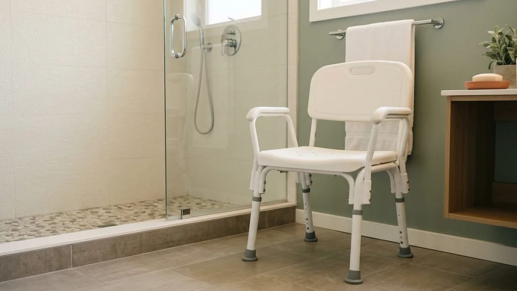 A shower chair with a full backrest and armrests positioned beside a walk-in shower, showing its complete frame construction