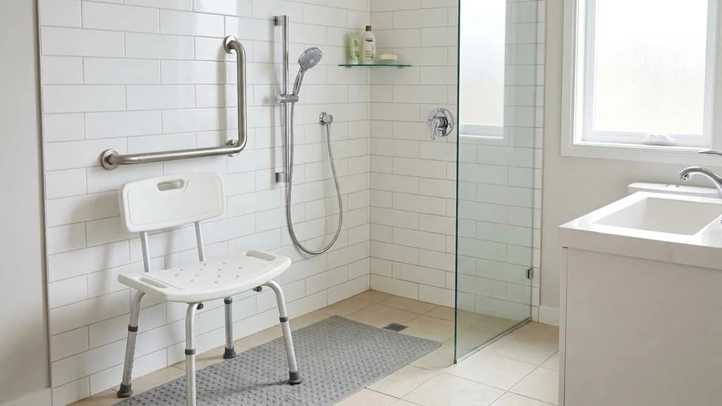 A shower chair positioned beside a securely mounted grab bar and non-slip mat, illustrating a safe bathroom setup