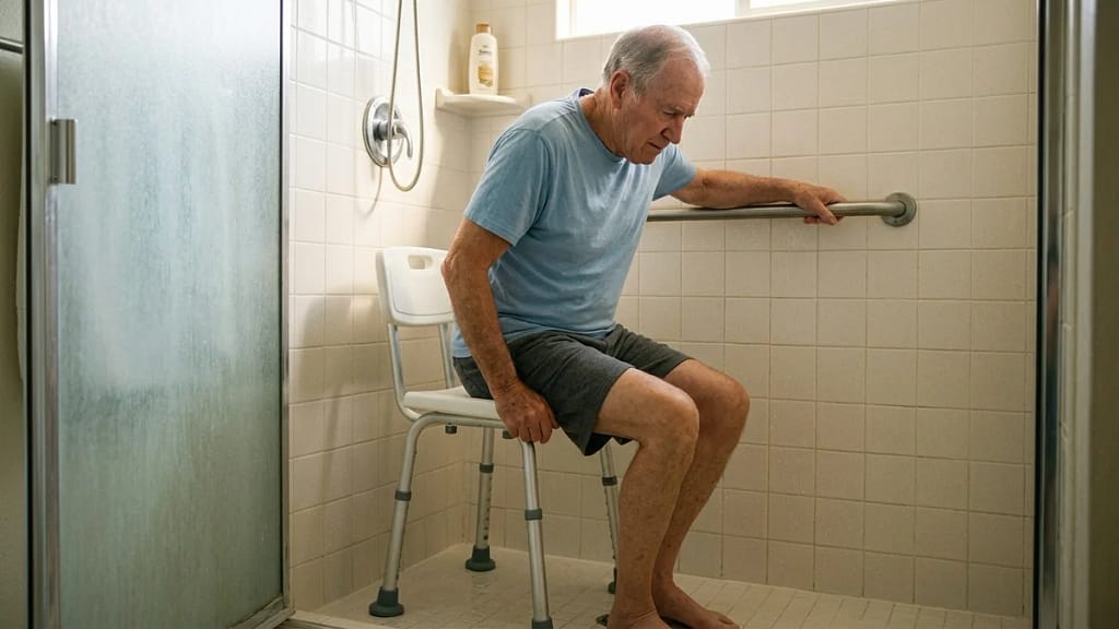 Elderly man gripping a wall-mounted grab bar while seated on a shower chair, demonstrating careful transfer technique