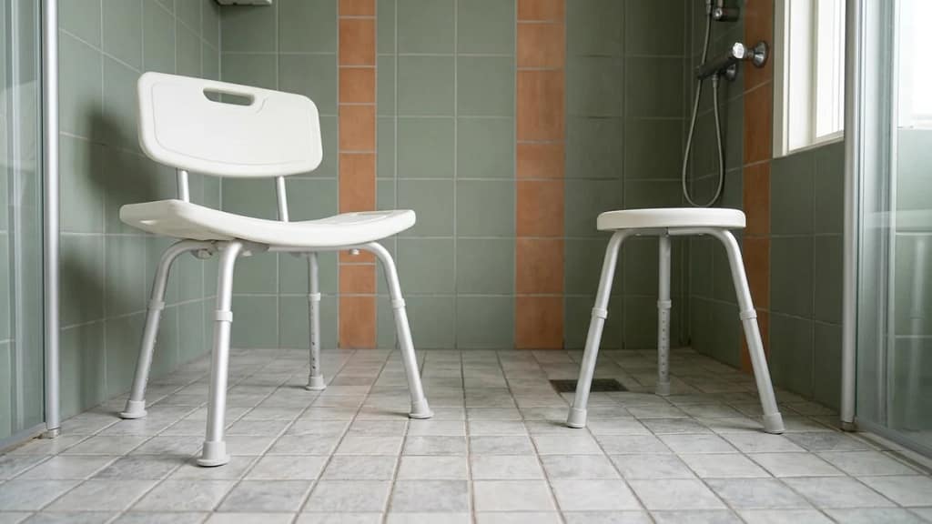 A wide four-legged shower chair beside a narrower shower stool, showing the difference in footprint and leg spread