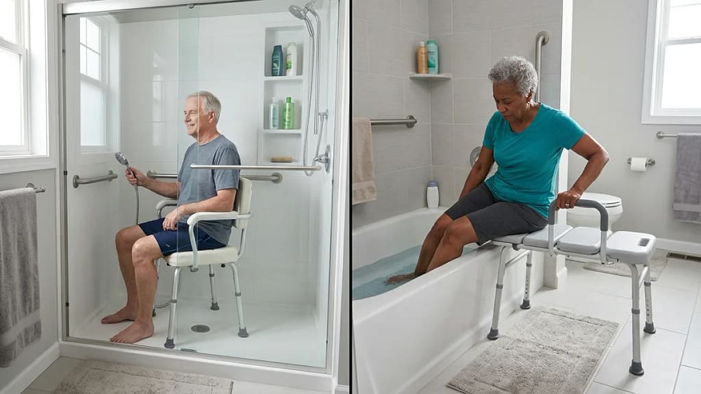 Split comparison of a senior using a shower chair in a walk-in shower stall and another senior using a transfer bench to enter a bathtub